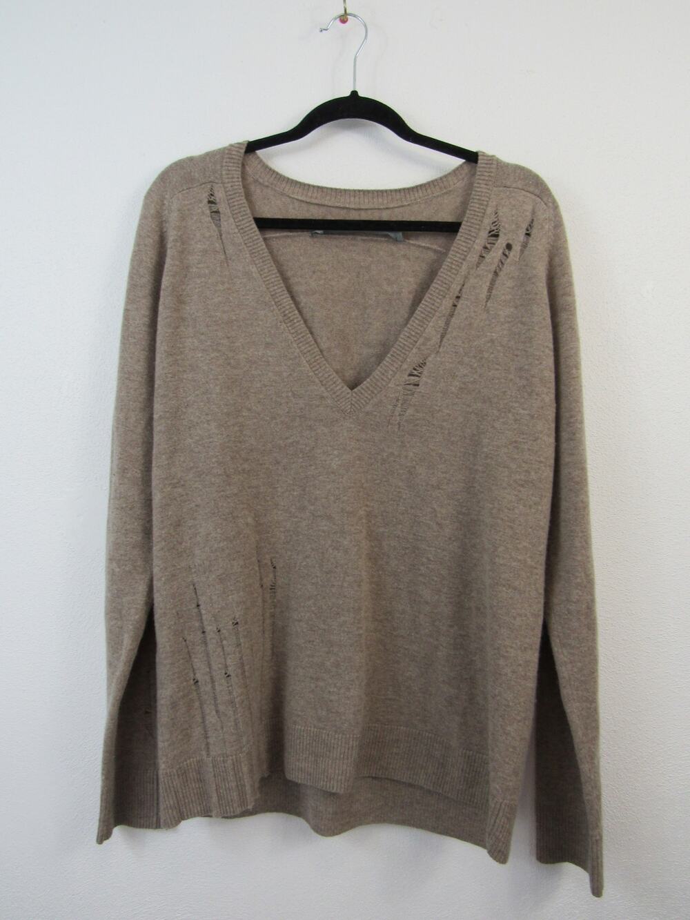 Raquel Allegra 2 Medium Wool Cashmere Blend Tattered Distressed V Neck Sweater